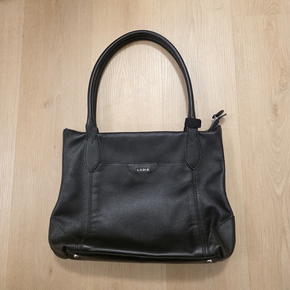 Lodis Black Pebbled Leather Tote Bag Zip Top Work Office Shoulder Purse